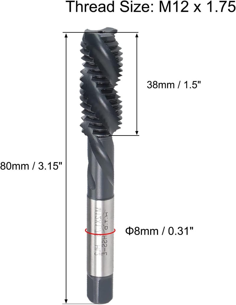 Boxonly Spiral Flute Thread Tap M12 x 1.75mm, for Processing Blind Holes and Sticky Materials, HSS Nitriding Coated, H2 Tolerance, Metric Machine Threading Tap Screw Thread Tapping Tool, 1pcs - Image 2